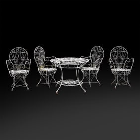 Fancy 5 Piece French Metal Table and Chair Set , 37 in. diameter Table & 4 Arm Chairs