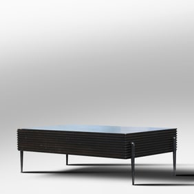 Adamson Coffee Table Oak Wood and Forged Iron Legs Dark Brown Wood Finish, Black Powder Coated Metal