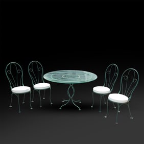 Vintage Green Iron Outdoor Patio Set consisting of 48 in. dia. Glass Top Table and 4 Chairs