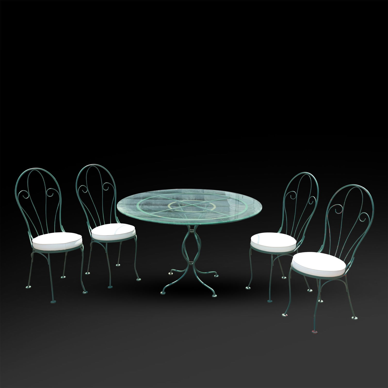 Vintage Green Iron Outdoor Patio Set consisting of 48 in. dia. Glass Top Table and 4 Chairs (1 of 17)