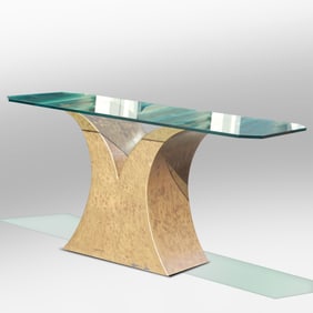 French Modern Design Sofa Console Table with Glass Top and Birdseye Maple Base