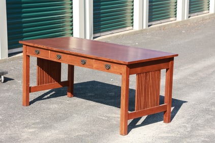 Stickley, Arts and Crafts Style Oak Three-Drawer Library Table, Signed STICKLEY inside Drawer