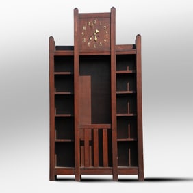 Spectacular Mission Oak grandfather clock with integrated bookshelves, freestanding clock 75 in. h.