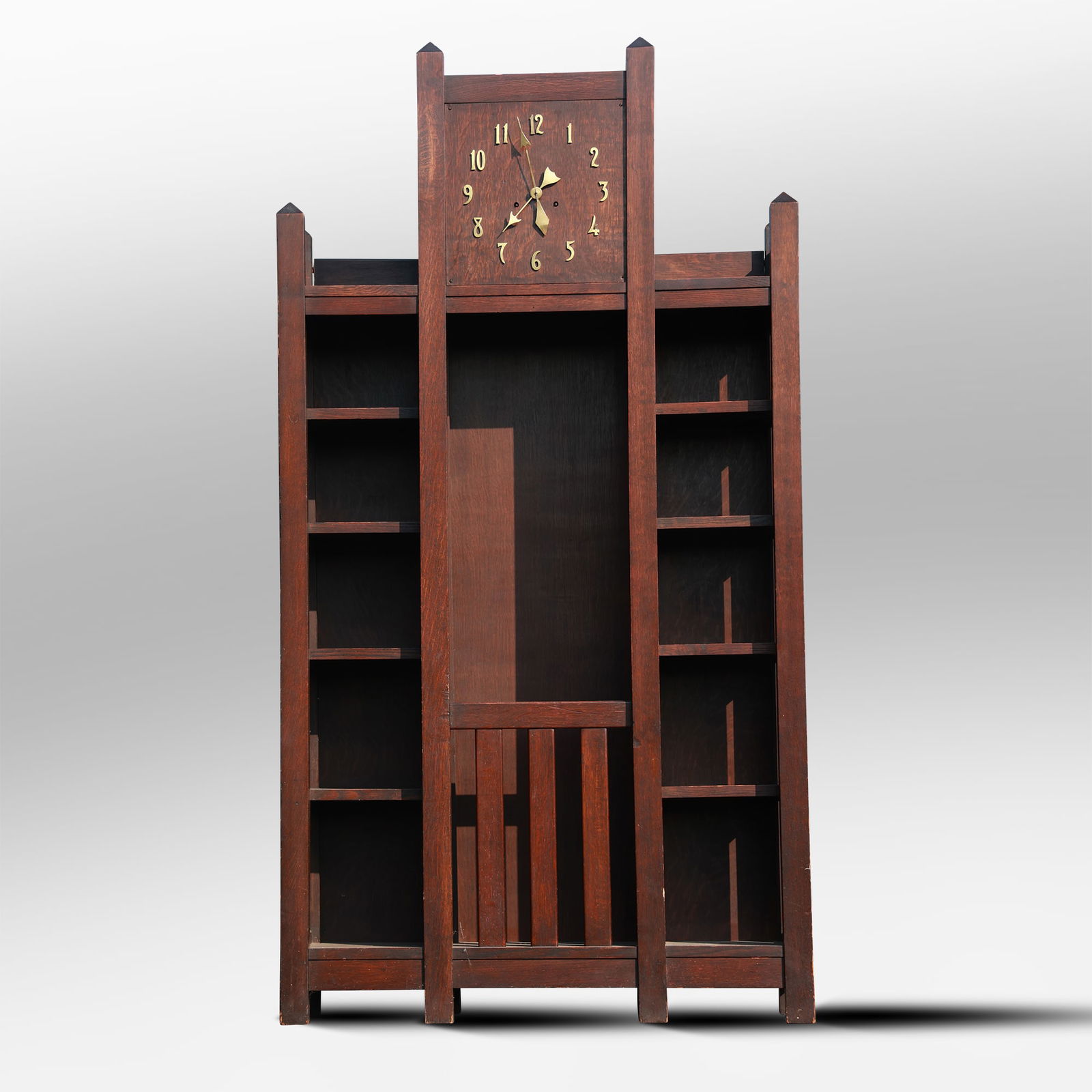 Spectacular Mission Oak grandfather clock with integrated bookshelves, freestanding clock 75 in. h. (1 of 18)