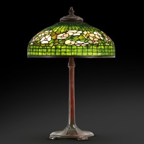 TIFFANY STUDIOS Leaded Glass DOGWOOD Banded Table Lamp Signed Shade and Base