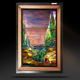 TIFFANY STUDIOS Leaded and Stain Glass Framed Window Evening Landscape Multi Layers