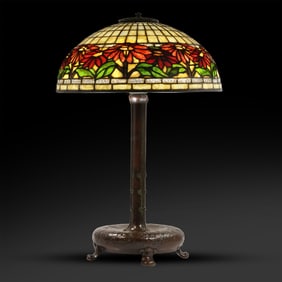 TIFFANY STUDIOS NEW YORK Poinsettia Border Leaded Lamp Signed Shade & Base