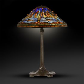 TIFFANY STUDIOS Dragonfly Leaded Glass Table Lamp Signed Shade and Base