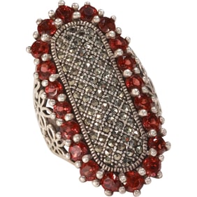 NFD .925 Sterling Silver Large Cocktail Ring Size 10, Garnets with Marcasites