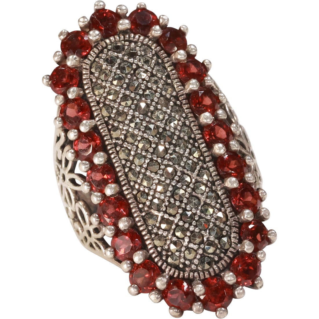 NFD .925 Sterling Silver Large Cocktail Ring Size 10, Garnets with Marcasites