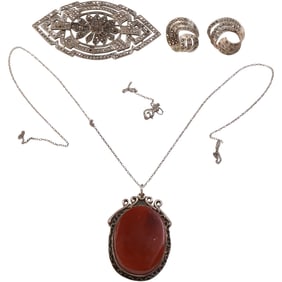 Carnelian and Sterling Pendant on 18 in. .925 Sterling Chain ; .925 Sterling With Marcasites
