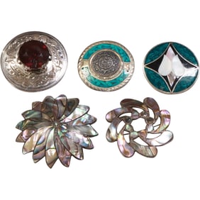 [5] Sterling Mexico Inlaid Malachite Symbolism Pin 1 1/2 in. dia.; Mexico Sterling GLD with Abalone