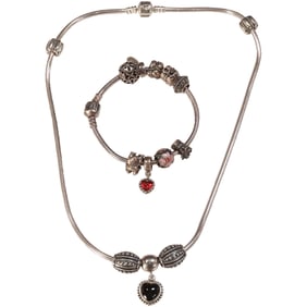 Pandora 99.4 grams Sterling Silver Chain with 5 Charms; Bracelet Pandora with 9 Sterling Charms