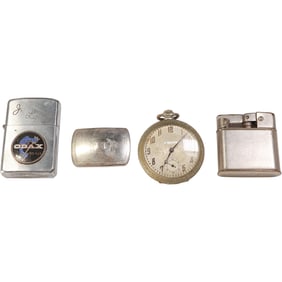 MAN LOT: U.S.S. ODAX 55484 Lighter; Lunder 1000 Vintage Lighter; Sterling Silver Belt Buckle;