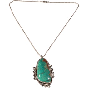 Sterling Silver with Green / Blue Turquoise American Indian Large Pendant Necklace 20 in. Chain