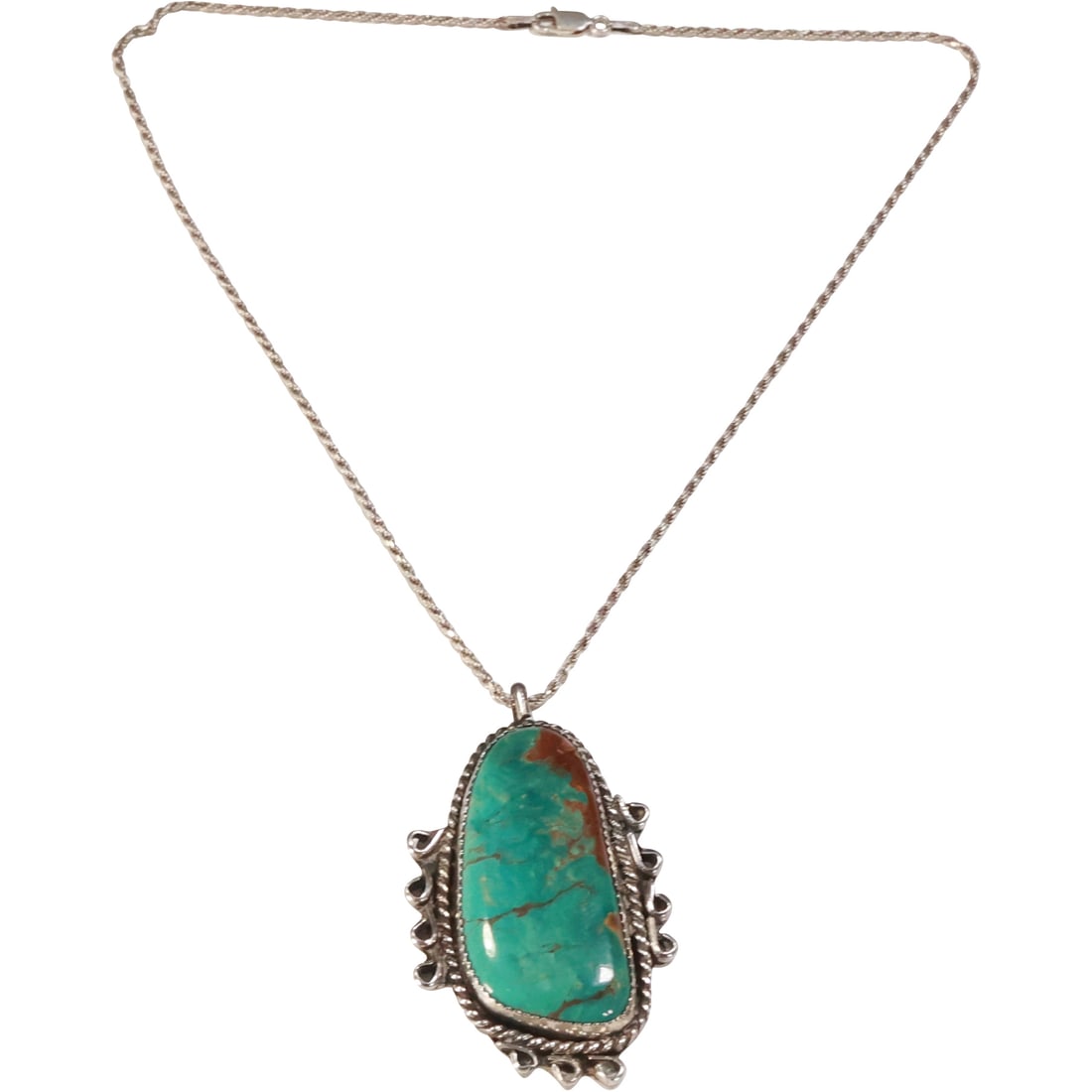 Sterling Silver with Green / Blue Turquoise American Indian Large Pendant Necklace 20 in. Chain (1 of 14)
