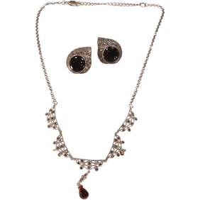 .925 Sterling Silver with Marcasites and Garnet Pendant Necklace & .925 Black Onyx and Marcasites