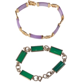 [2] .925 Sterling Silver Purple Jade Bracelet ;  Sterling Silver with Emerald Panels Bracelet