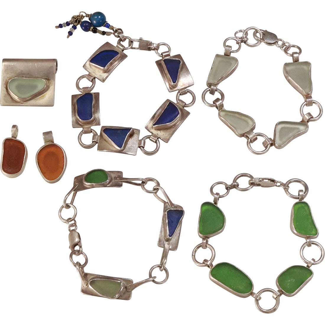 7 Pc. Sea Glass and Sterling Silver 143.8 grams: Spanto Sterling & Green Sea Glass Bracelet;: Pc. Sea Glass and Sterling Silver 143.8 grams: Spanto Sterling & Green Sea Glass Bracelet 8 1/2 in. x 1/2 in.; Bracelet Green Blue 8 in. x 1/2 in. ; Blue Sea Glass 10 in. x 3/4 in.; Pendants 1 1/4 in.