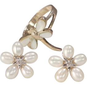 .925 Genuine Freshwater Cultured Pearls and Diamond Pierced Earrings 1/2 in. dia.; .925 Sterling