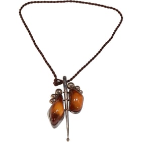 .925 Sterling Silver Artsy Mid-Century Pendant with 2 Amber Stones Necklace on 18 in. Rope
