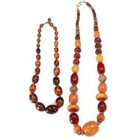 [2] Lucite Amber Color Graduated Bead Necklace; Graduated Bakelite Necklace [tested] 24 inch