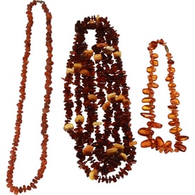 [3] Double Strand Amber Necklace with Amber Clasp 42 in. x 1 in.; Amber Chips Necklace 26 in. x 1/2