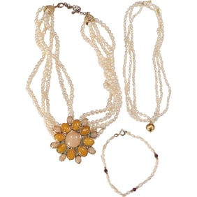 [3] 5-Strand Genuine Freshwater Cultured Pearls Necklace with Costume Pendant 16 in. x 2 in.