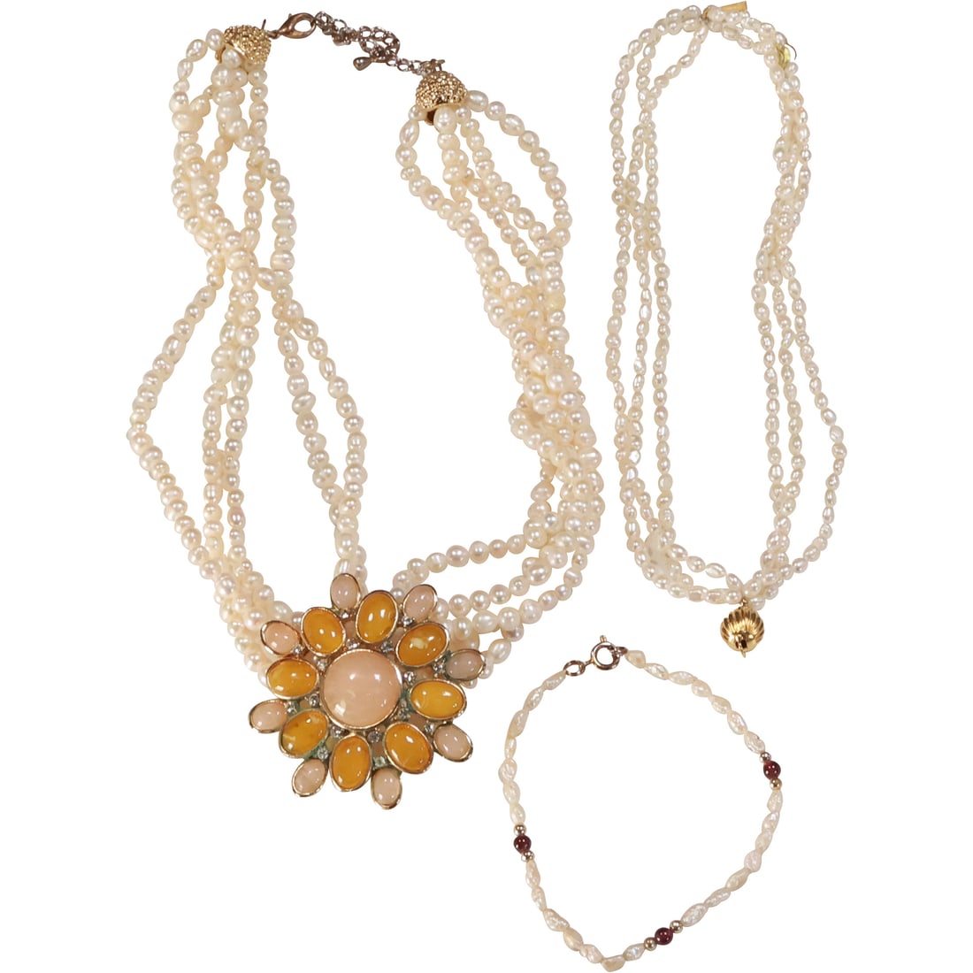 [3] 5-Strand Genuine Freshwater Cultured Pearls Necklace with Costume Pendant 16 in. x 2 in.: [3] 5-Strand Genuine Freshwater Cultured Pearls Necklace with Costume Pendant 16 in. x 2 in.; 6-Strand Genuine Freshwater Cultured Pearl Bracelet 8 in. x 1 in.; Seed Pearl and Amethyst Bracelet 8 in.