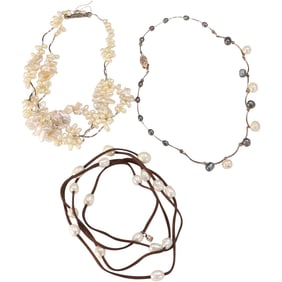 [3] Genuine Pearl Necklaces: Genuine Freshwater Cultured Baroque Pearls Scarf on Black Cord;