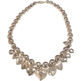Sterling Silver 78 grams Ball Beads Necklace with 10 Sterling Heart Pendants Charms 19 in. x 1/2 in.