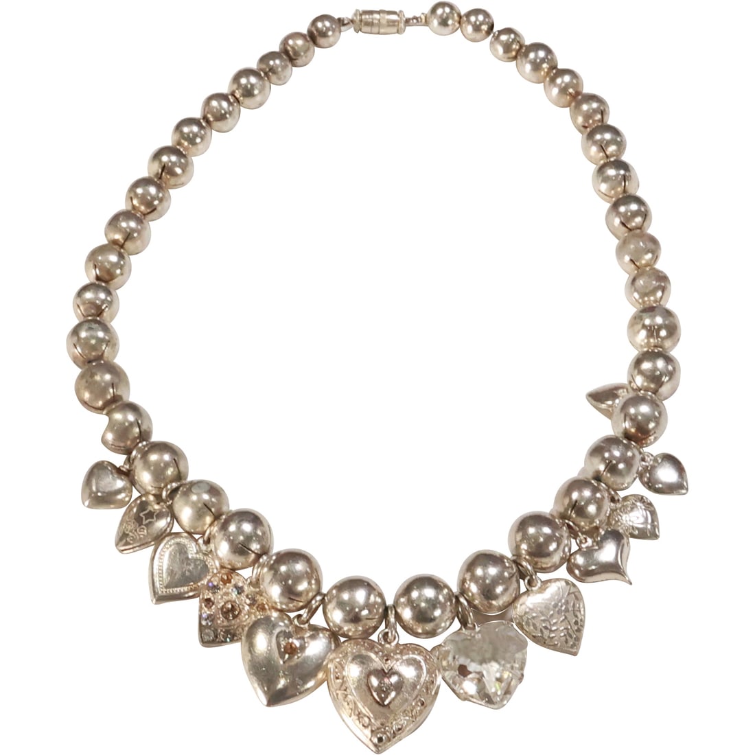 Sterling Silver 78 grams Ball Beads Necklace with 10 Sterling Heart Pendants Charms 19 in. x 1/2 in. (1 of 12)