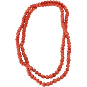 Red Coral Polished Bead Necklace 48 in. x 3/8 in. Beads are Spaced by Gold Thread