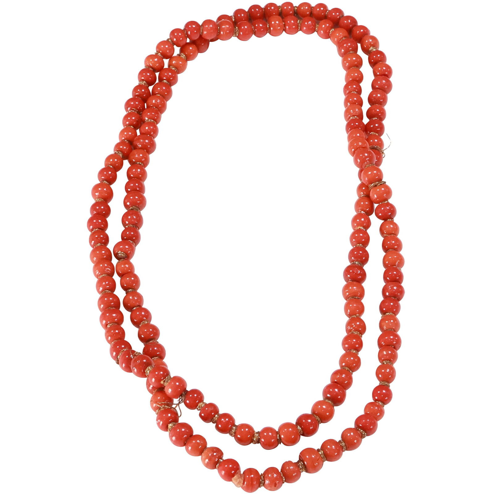Red Coral Polished Bead Necklace 48 in. x 3/8 in. Beads are Spaced by Gold Thread: Red Coral Polished Bead Necklace 48 in. x 3/8 in. Beads are Spaced by Gold Thread