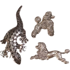 3 Assorted Sterling Silver Pins Pendants: Bead Sterling Lion Pin 1 3/4 in. x 1 in.; Sterling Poodle