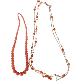 [2] Graduated Carnelian Bead Necklace 24 in. x 1/2 in. to 1/4 in.; 3-Strand Art Glass Necklace