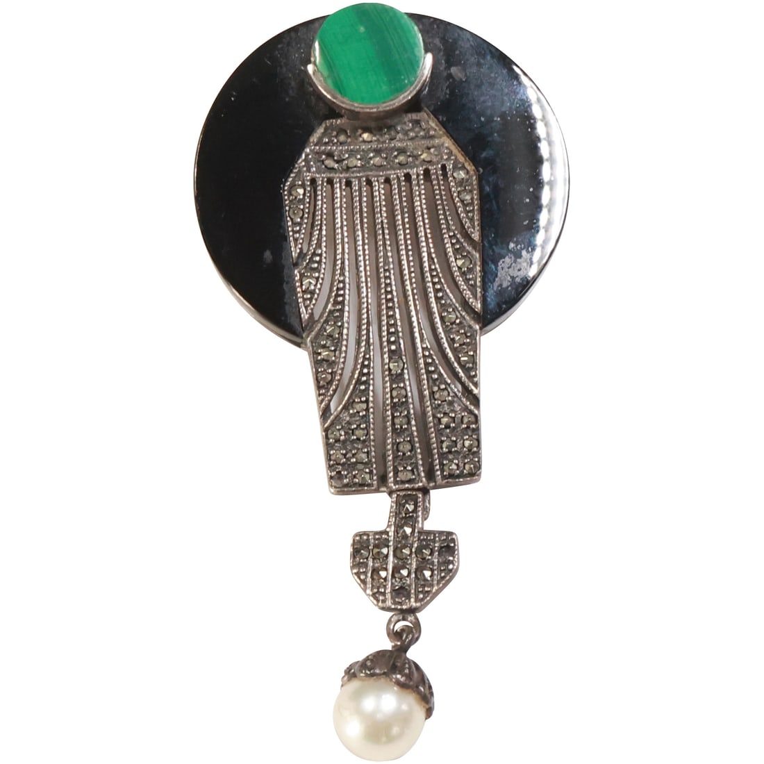 Vintage Sterling Silver with Black Onyx Disc, Malachite Center Stone and Marcasites with a Pearl: Vintage Sterling Silver with Black Onyx Disc, Malachite Center Stone and Marcasites with a Genuine Freshwater Pearl Lavalier. 2 3/4 in. x 1 1/4 in.