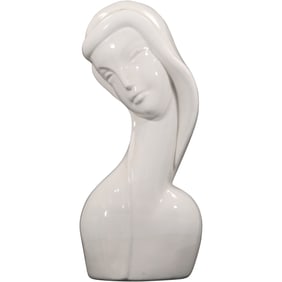 Vintage Art Deco White Glazed Ceramic Female Bust 18 inches height x 6.5 in. wide