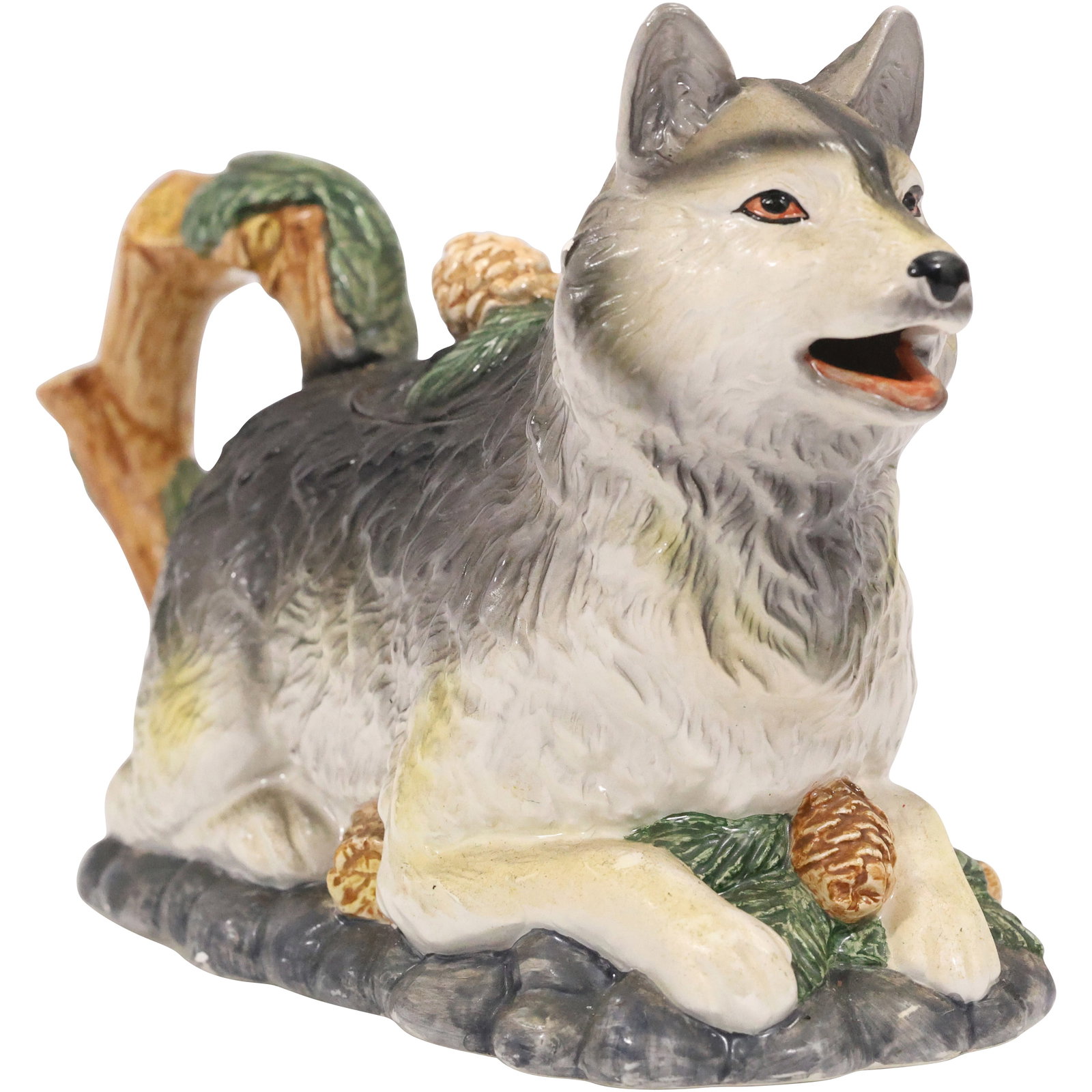 Fitz and Floyd wolf-themed ceramic teapot, often referred to as the "Rare Wolf Ceramic Teapot": Fitz and Floyd wolf-themed ceramic teapot, often referred to as the "Rare Wolf Ceramic Teapot" or "Husky Wolf Teapot". Omnibus, Fitz and Floyd. size: 6.25 in. h x 1.75 in. w
