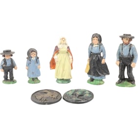 6 Assorted WILTON Cast Metal Amish Family Figures and 2 Plaques, in Original Paint
