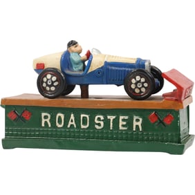 Novelty Cast Iron Mechanical Coin Bank "ROADSTER" Race Car in Original Paint