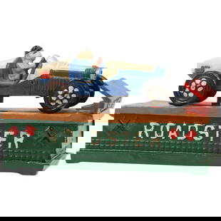 Novelty Cast Iron Mechanical Coin Bank "ROADSTER"  Race Car in Original Paint: Novelty Cast Iron Mechanical Coin Bank "ROADSTER" Race Car in Original Paint. size: 5h 8.25w