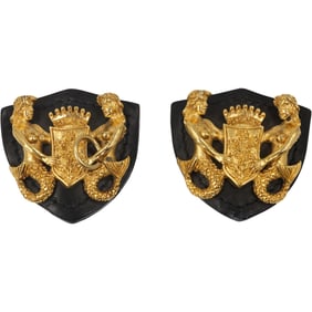 2 Miu Miu Embossed Leather Pin Fronts, vintage brooches featuring a gold-plated two mermaids