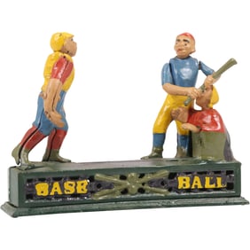 Novelty Cast Iron Mechanical Coin Bank "BASEBALL" in Original Paint