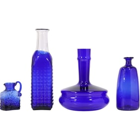 4 Assorted Cobalt Blue Glass Vases and Small Pitcher - Various Sizes