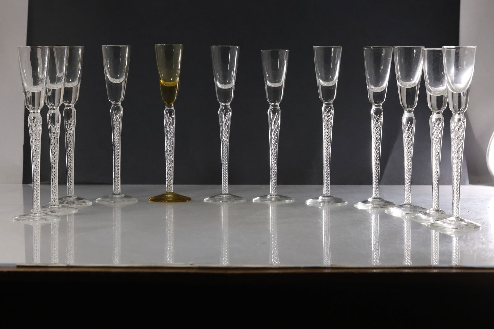 12 Cut Glass Air Twist Stem Tall Cordial Wine Goblets, Mid Century 8.75 in. height x 2.5 in. wide: 12 Cut Glass Air Twist Stem Tall Cordial Wine Goblets, Mid Century 8.75 in. height x 2.5 in. wide. size: 8.75h 2.5w