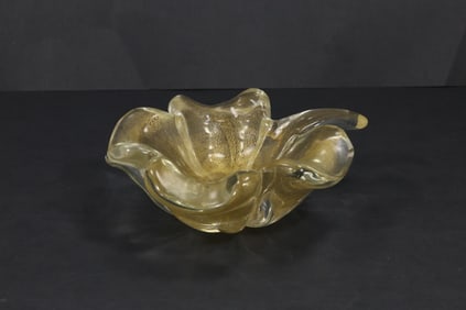 Vintage Gold Flecks Murano Italian Art Glass Leaf Bowl, 8 in. wide