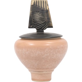 Unique Lidded Small Pottery Urn with Sculpted Finial Topper 5.25 in. height x 3.5 in. wide
