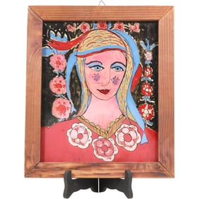 Unknown Polish Artist, Framed Portrait of a Woman Reverse Painting on Glass 13.5 in. x 11.5 in.