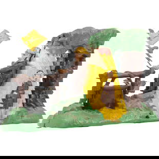 Novelty Cast Iron Mechanical Coin Bank  "Boy Scout Camp" in Original Paint Finish: Novelty Cast Iron Mechanical Coin Bank "Boy Scout Camp" in Original Paint Finish. size: 6h 8.5w